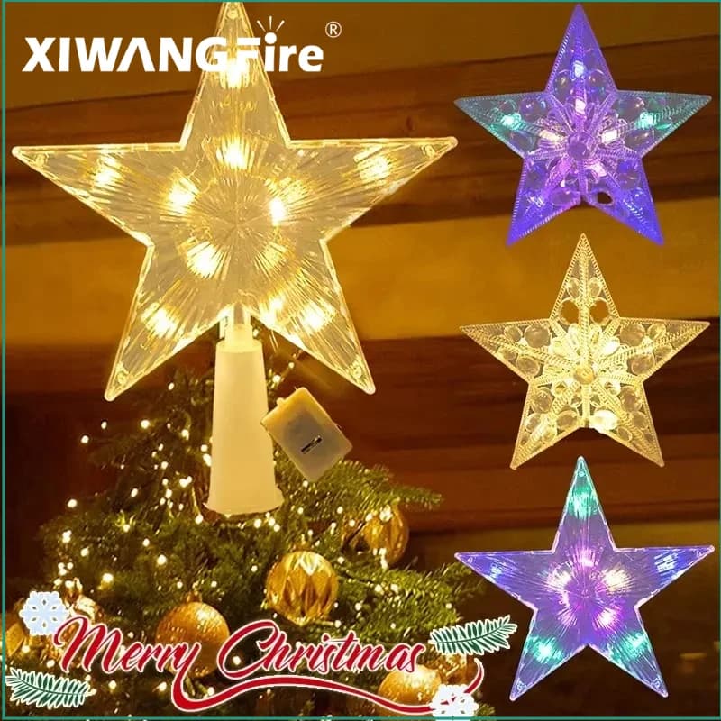 Luci a LED superiori per albero di Natale Lampade a stella a cinque punte luminose Luce notturna scintillante Ornamenti superiori per albero di Natale Decorazioni per feste di Capodanno