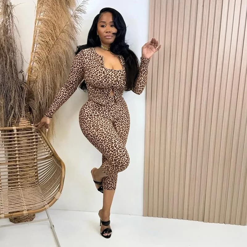 Women Trend Leopard Print 3 Piece Set Tube + Full Sleeve Single Breasted Cardigan Crop Tops + Skinny Calf Length Pants Suits