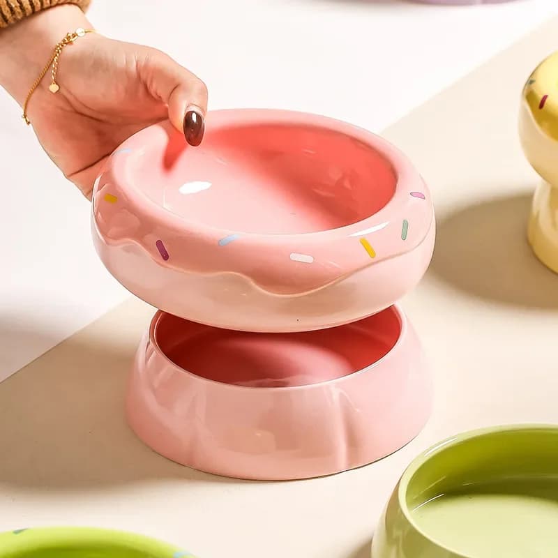2 in 1 Cat Ceramic Bowl Double Layer Small Dogs Food Feeders Water Pet Non-slip Drink Eat Supplies Doughnut Shape Microwave Safe