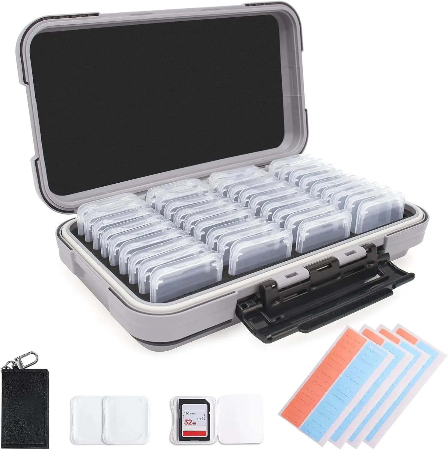 Custodia trasparente per schede SD da 36 slot con custodie protettive ed etichette, organizer per schede di memoria per fotocamera grigio chiaro