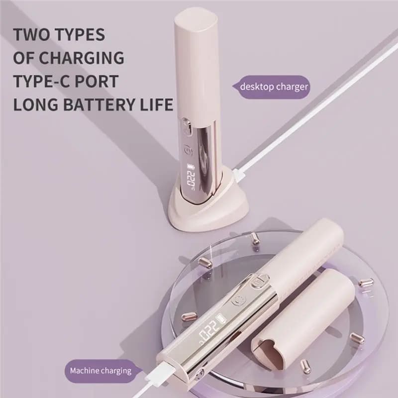 [NEW!A65Z】 Digital Temp Display Rechargeable Wireless Mini Hair Straightener Portable Coating Curler Pink
