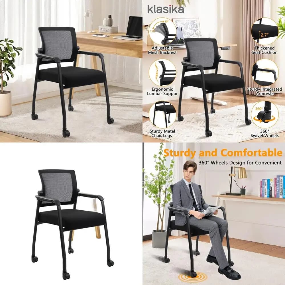 Sedia Ergonomica con Ruote per Ospiti, con Seduta Imbottita e Schienale in Rete Regolabile, Ideale per Sale d'Attesa, Scuole e Chiese in Blu