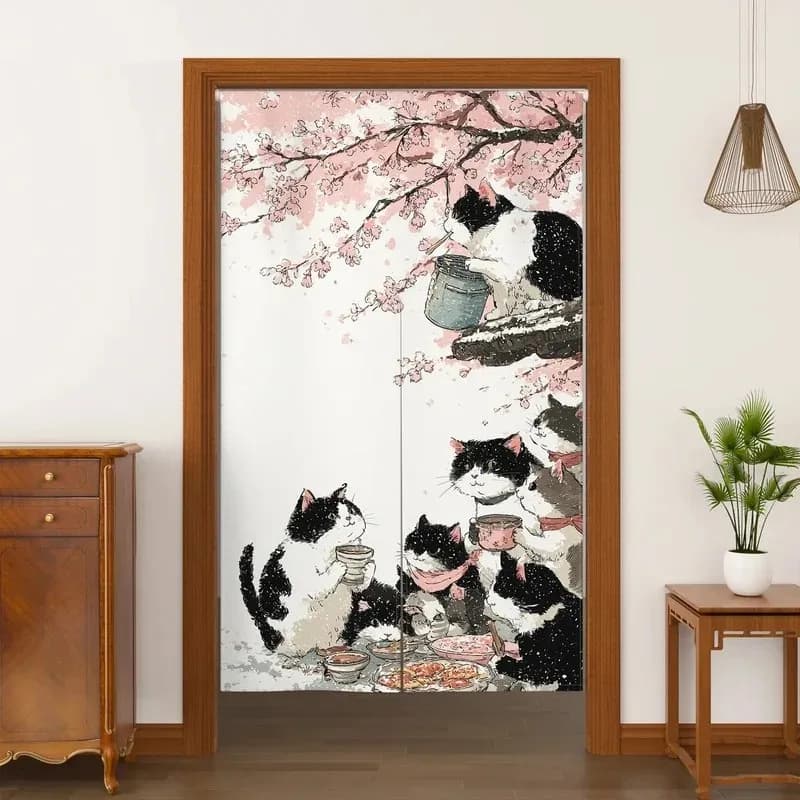 Tenda per porta in stile giapponese Sakura Cat, tenda per mezza porta per la privacy in cucina, adorabile divisorio per ambienti con stampa animalier