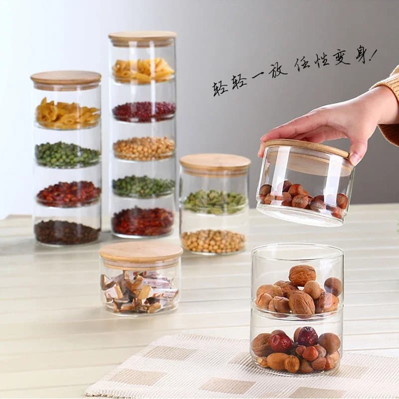 New1200 Ml 3-layer Glass Can Kitchen Food Bulk Container Set for Dry Spice Fruit Storage Tank Salad Bowl Box Mason Jars with Lid