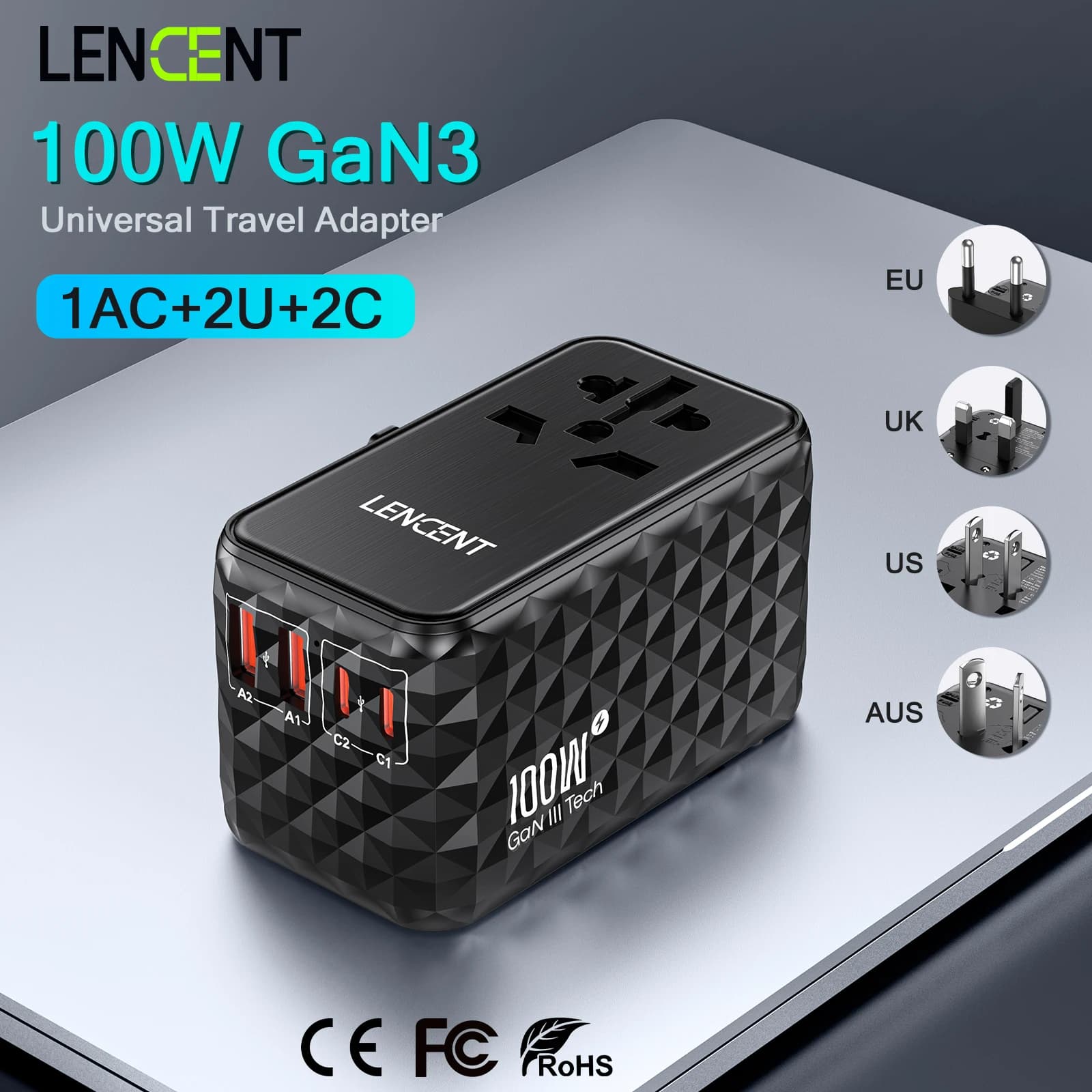 LENCENT Adattatore da viaggio universale GaN da 100 W con 2 USB-A+2 Tipo C Supporto PD3.0, Spina UE/Regno Unito/USA/AUS a ricarica rapida QC4 per viaggi
