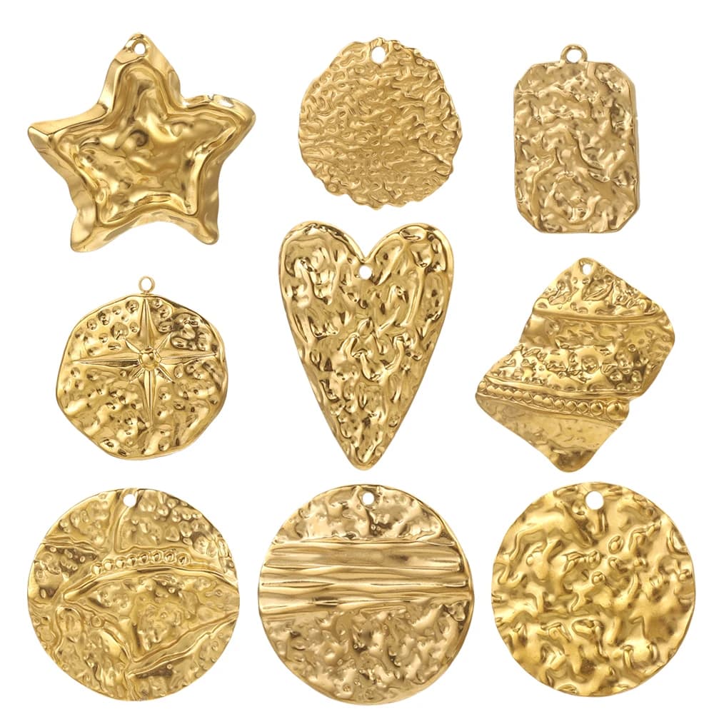 5 gold plated stainless steel pendants for jewelry creation, embossed pendants, diy woman earrings, necklaces, connectors, craft pendant