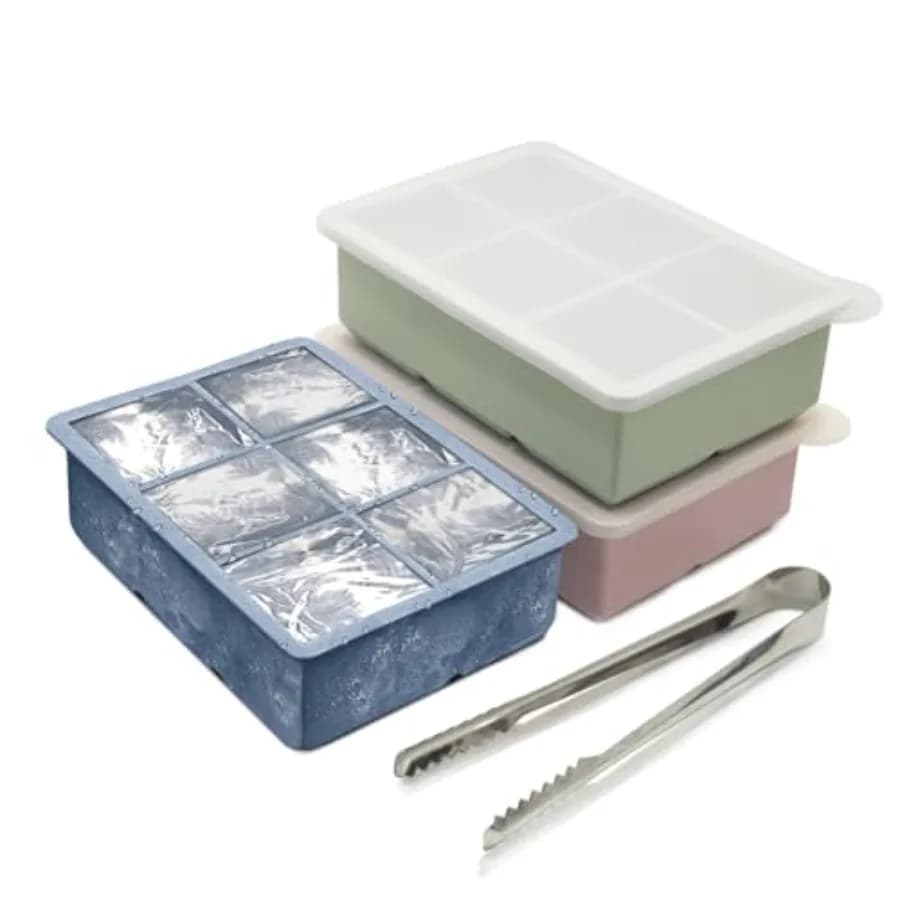 Vassoi per cubetti di ghiaccio per Fre Confezione da 3 - Stampi per cubetti di ghiaccio in silicone di grandi dimensioni con supporto per cubetti di ghiaccio in acciaio inossidabile Vassoi per ghiaccio quadrati enormi per Co