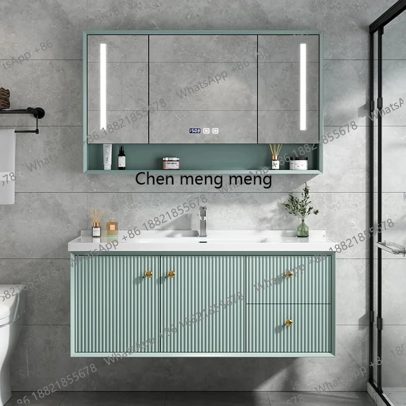 Mobile Bagno Rustico Integrato in Legno con Specchio LED, Armadietto Contenitore e Organizer per Accessori Bagno