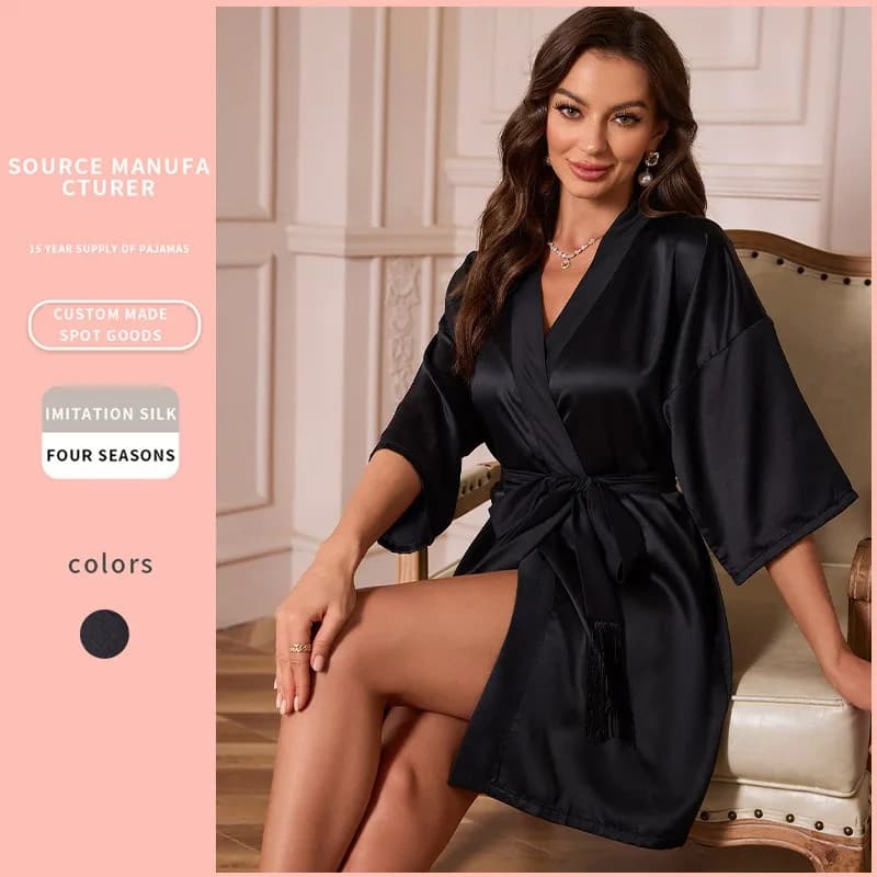 Women's Short Sleeved Dress in American European Style Silk, medium length summer cardigan, tie, bathrobe, slim sexy pajamas