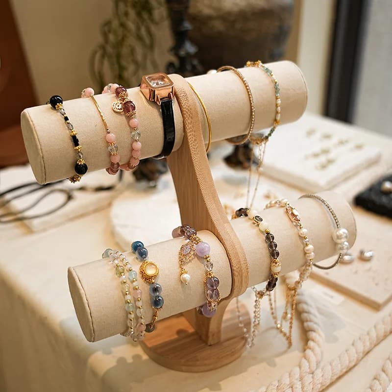 Double layer rack organizer, wooden jewelry, bracelet, display, chain, watch, women's rigid support, assemble