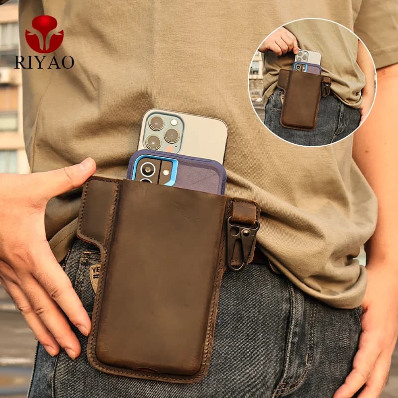 Custodia per fondina per telefono in vera pelle a doppio strato RIYAO custodia per cellulare da uomo con Clip da cintura marsupi trasporto verticale