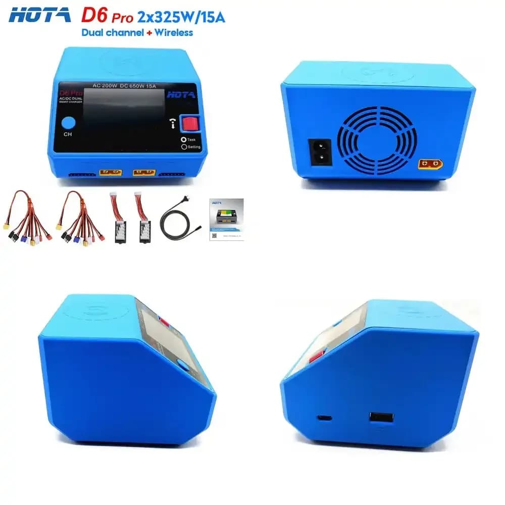Caricabatterie HOTA D6 Pro AC 200W DC 650W 15A per batterie Lipo con ricarica wireless per batterie NiZn/Nicd/NiMH, colore blu
