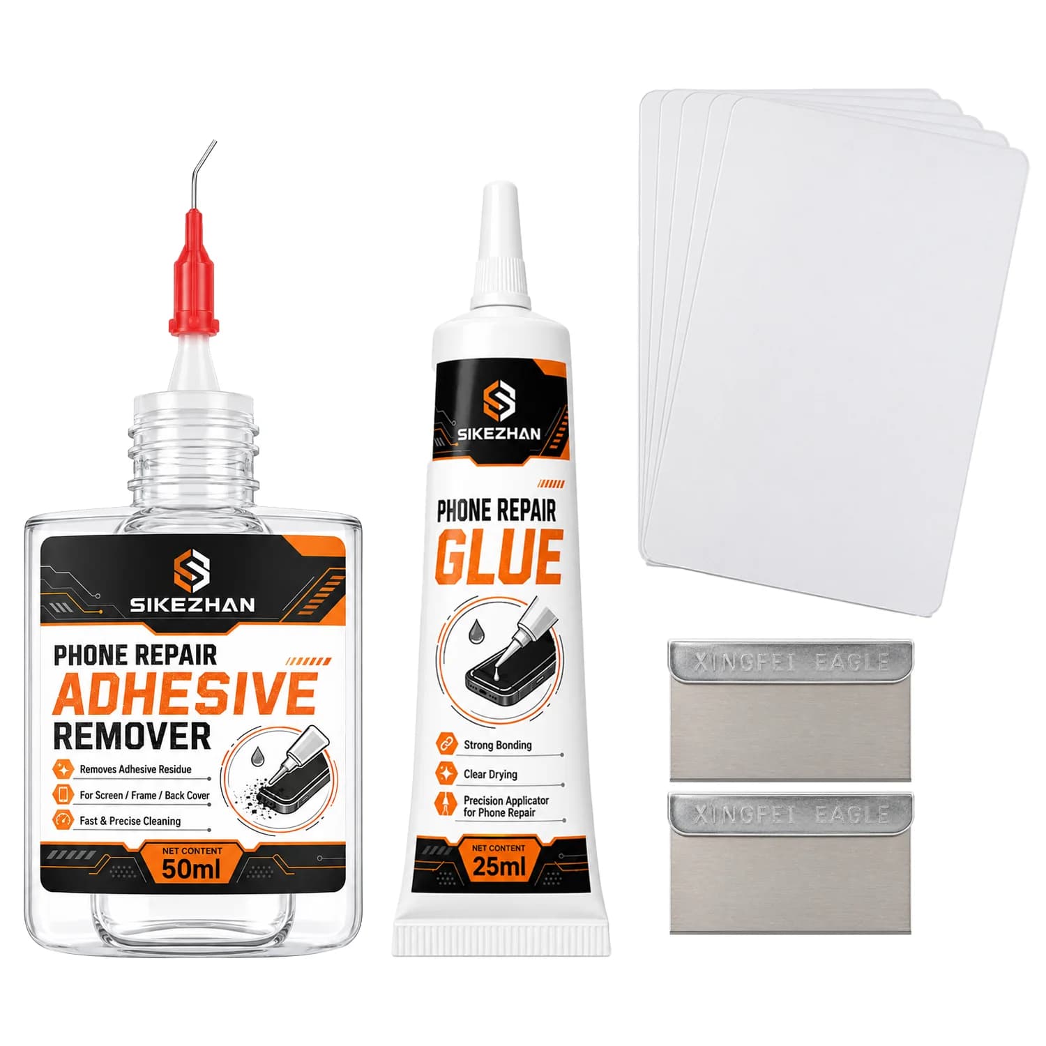 Smartphone Screen Repair Tool Kit, Adhesive Remover, Clear Repair Glue, Plastic Opening Card & Metal Pry Tool, 4-Piece Set