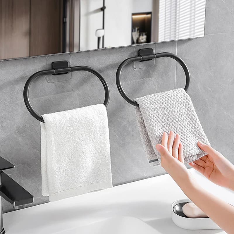 Porta asciugamani in plastica Porta asciugamani da bagno autoadesivo Nero Porta asciugamani Anello portaciugamani Accessori per riporre la cucina