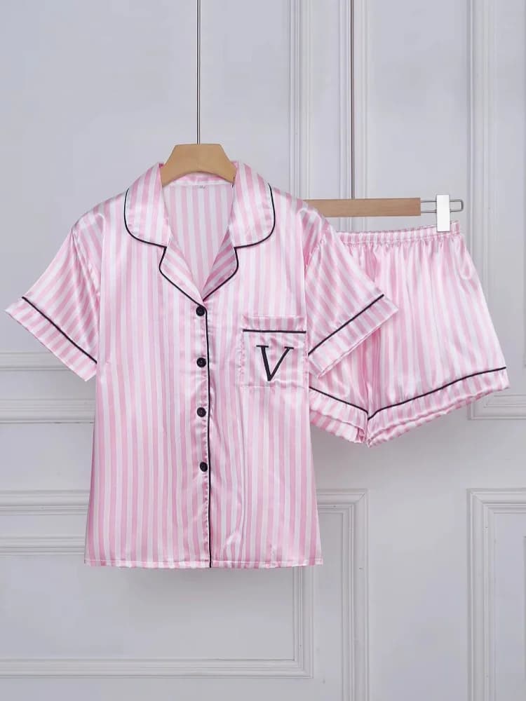 Striped Embroidered Letter Pocket Short Sleeve And Shorts Pajama Set Casual Satin Sleepwear Lapel Collar Classic Print