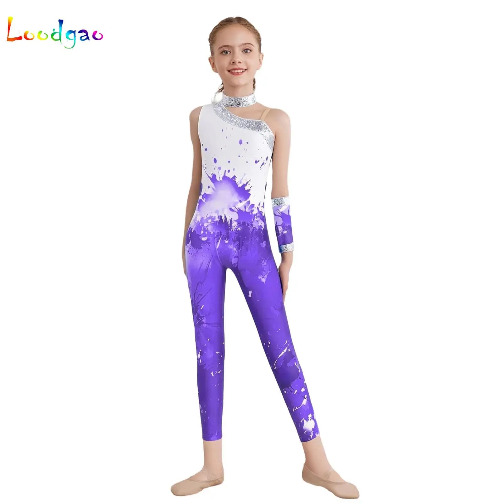 Tuta da ballo per bambini Paillettes Stampato Body da balletto Ginnastica ritmica Maglia Performance Costume Ragazza Pattinaggio di figura Unitard
