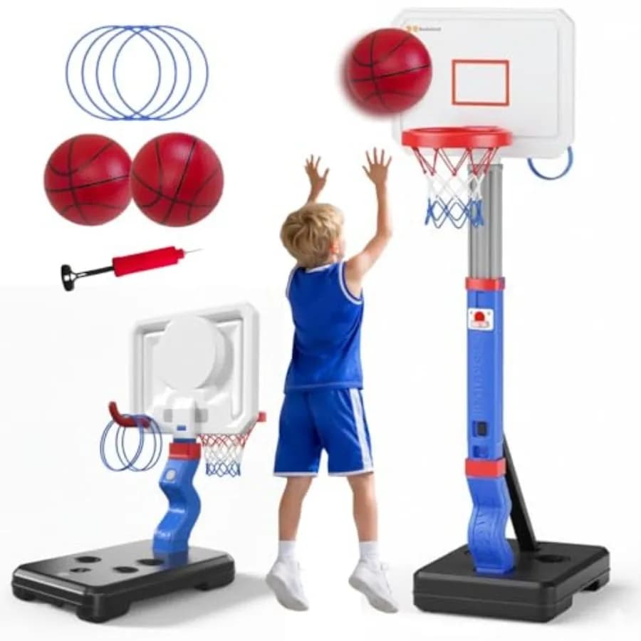 Canestro da basket 2-in-1 per bambini con gioco di lancio dell'anello, regolabile da 2,5 a 5,5 piedi, set da basket per interni ed esterni con mini palloni e anello