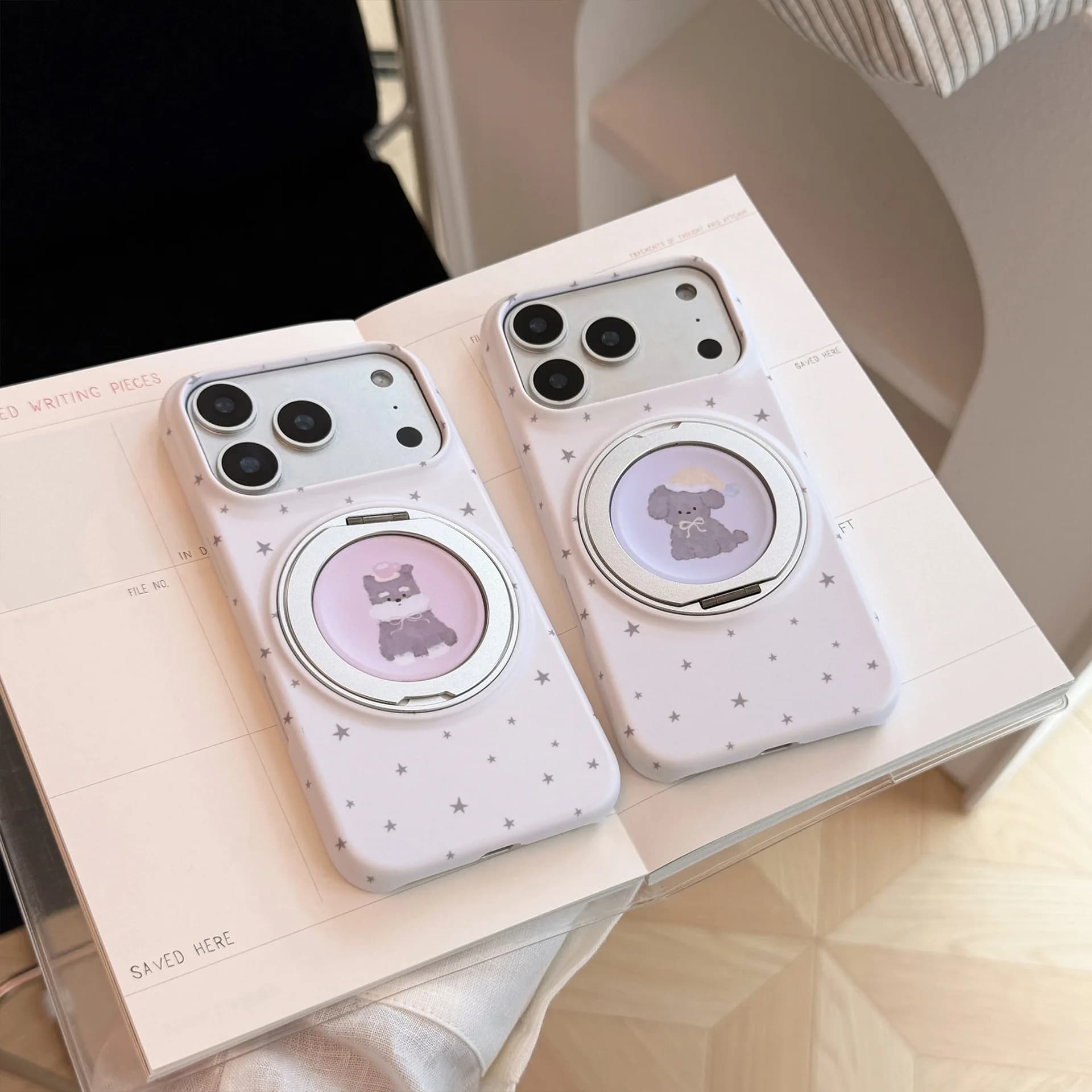 INS Gray Star Puppy Magnetic Phone Case with 360 Rotating Stand, Shockproof for iPhone 17/16/15/14/13 Pro/Pro Max