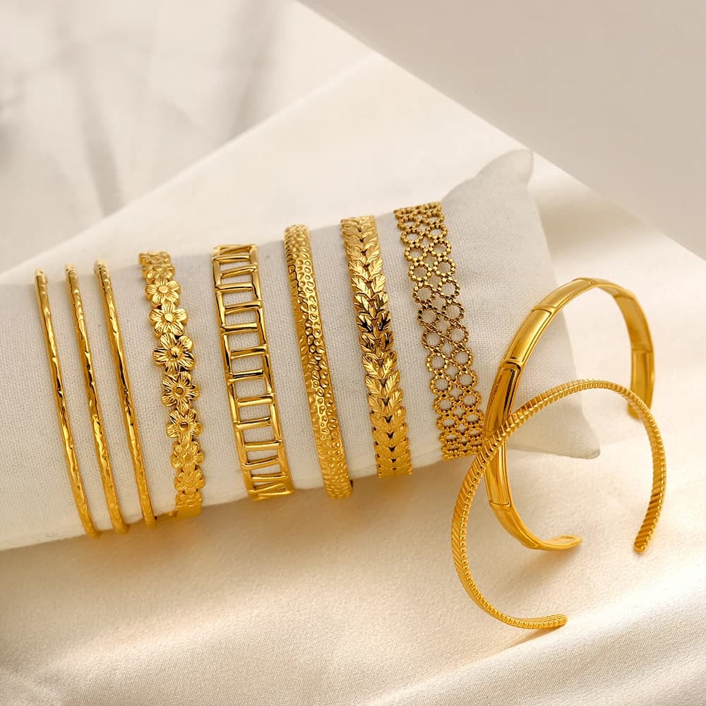 Simple Style Adjustable Stainless Steel Flower Hollow Line Cuff Bangles Waterproof Jewelry Gold Plated Bracelet Sets