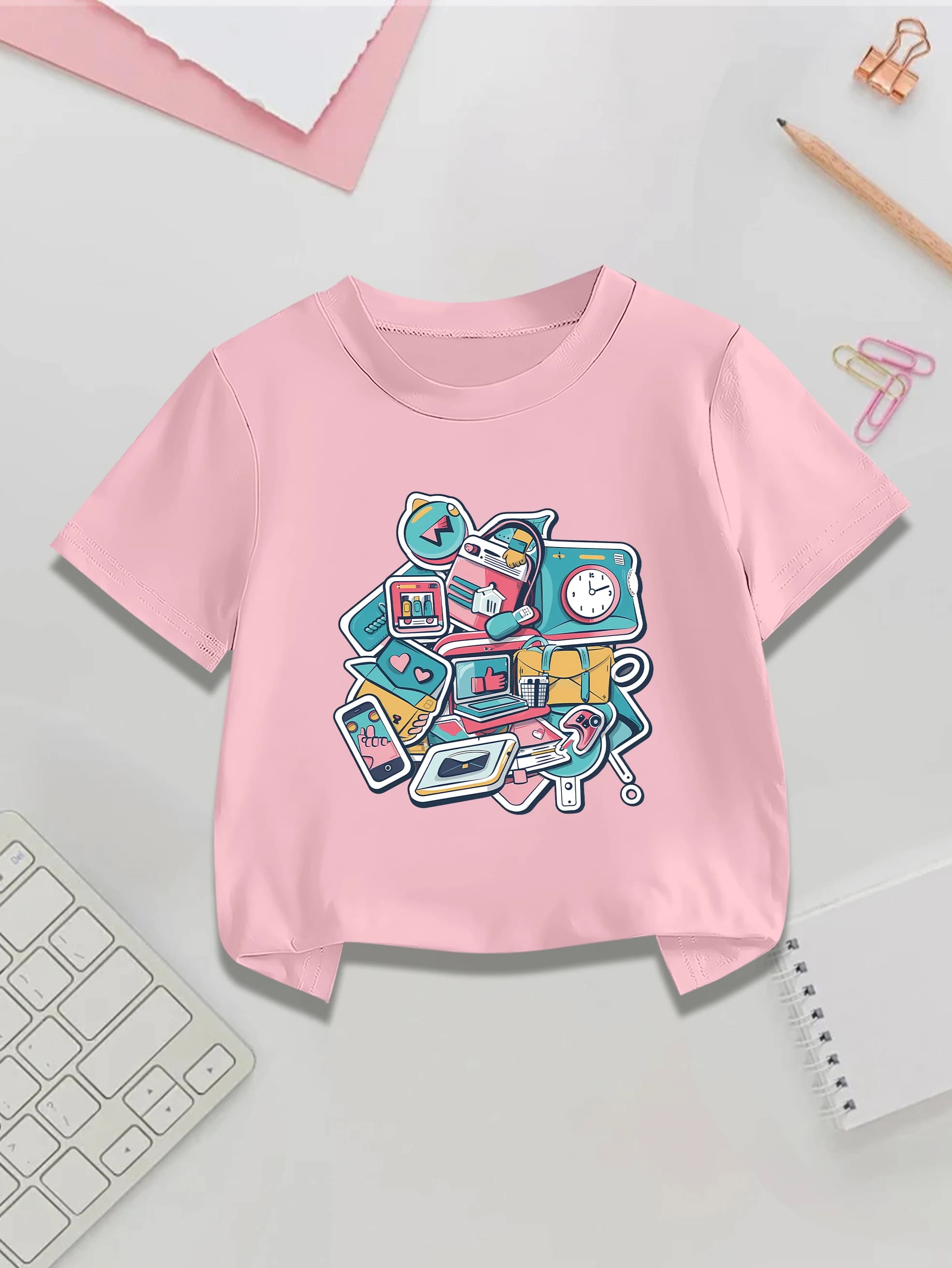 1 pezzo: T-shirt estiva a maniche corte per ragazze, dolce e carina, con stampa di cartoni animati, chiavetta USB e registratore, per il rientro a scuola