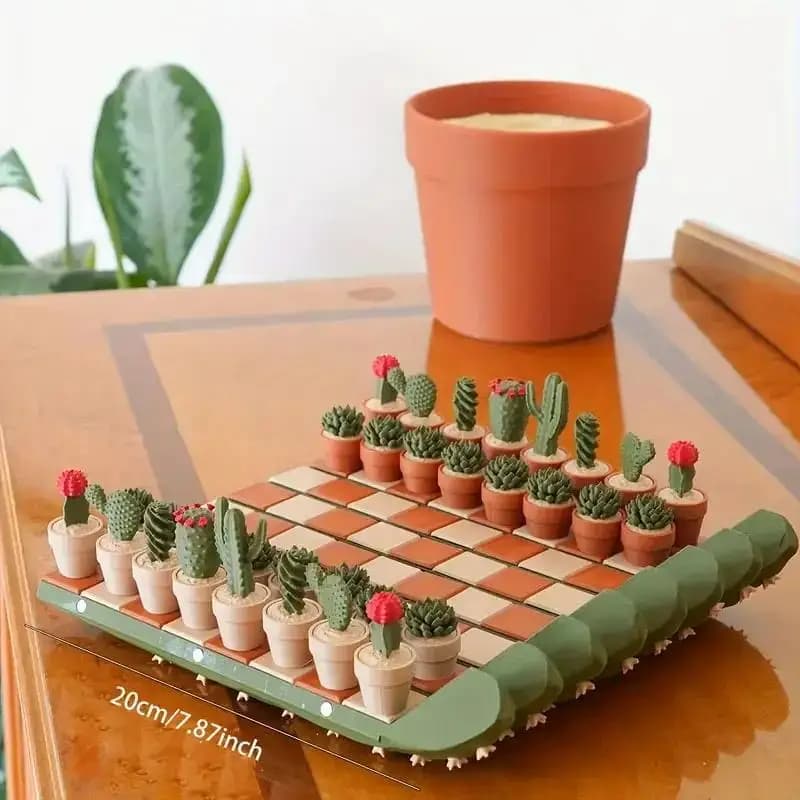 Set di scacchi con cactus in resina stampata in 3D, ornamento da tavolo pieghevole, giocattoli per scacchi artigianali per ufficio, decorazioni per la casa, regalo per l'assassassino del tempo