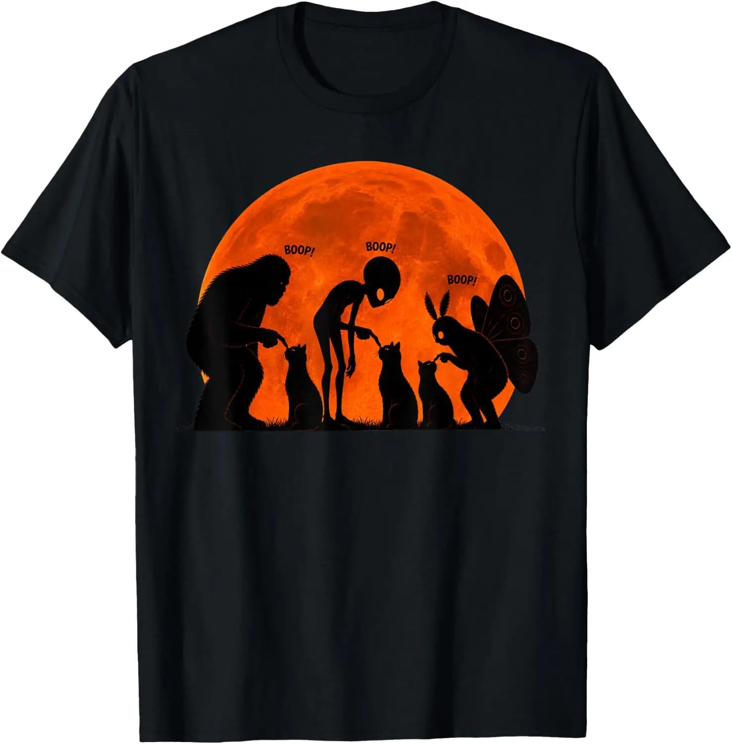 Bigfoot Boop Cat Alien Mothman Cats Full Moon Funny Cryptid T-Shirt Summer Short-Sleeved Breathable Sweat-Wicking Versatile
