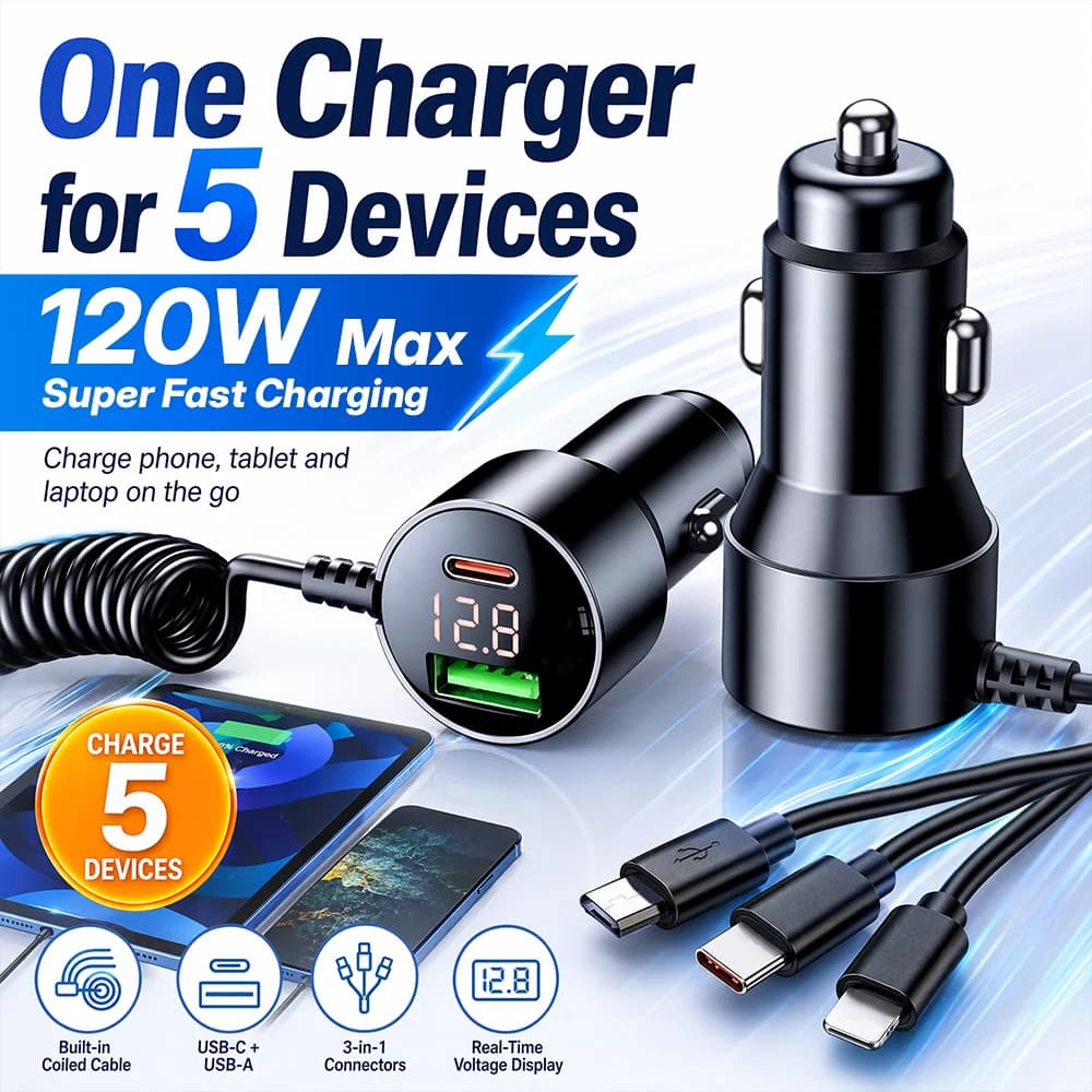 120W 5-Port Car Charger 3-in-1 Coiled Cable Fast Charging Digital Voltage Display Cigarette Lighter Charges 5 Devices At Once