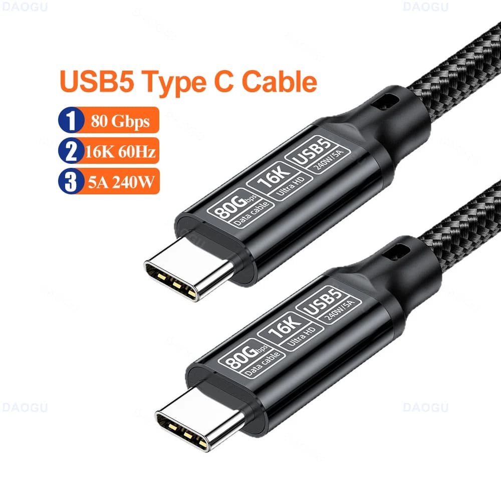 USB C USB5 cable from 80 Gbps Data cable 16K60Hz 8K120Hz USB Type C 5A 240 W Quick Charging cable for Thunderbolt 5 4 portable table