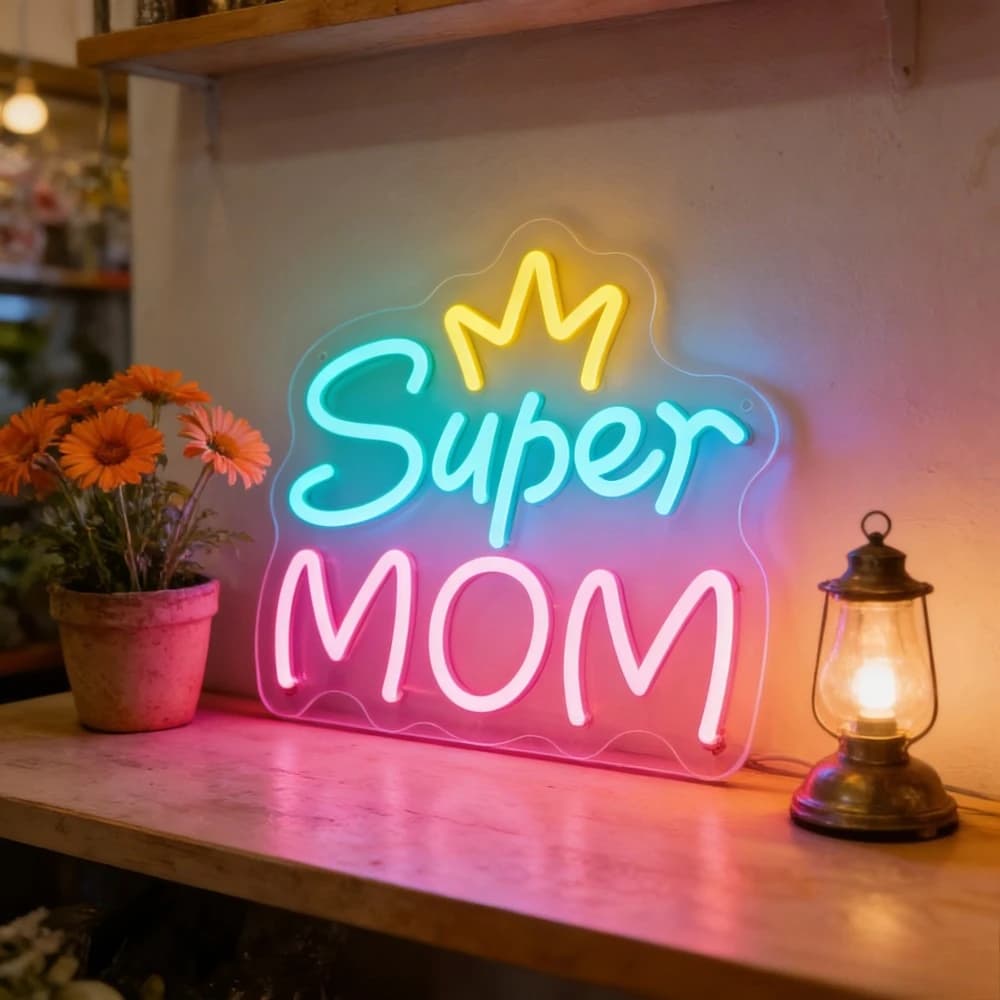 Insegna LED Neon 'Super MOM' per Arredamento Casa, Regalo per la Festa della Mamma, Illuminazione Artistica per Camera da Letto e Soggiorno