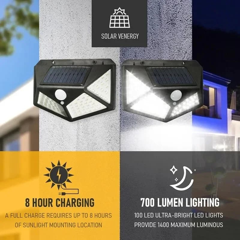 Lampada solare multifunzionale da 100 LED Decorazione da giardino per esterni Luce solare Faretto alimentato a luce solare impermeabile con sensore di movimento
