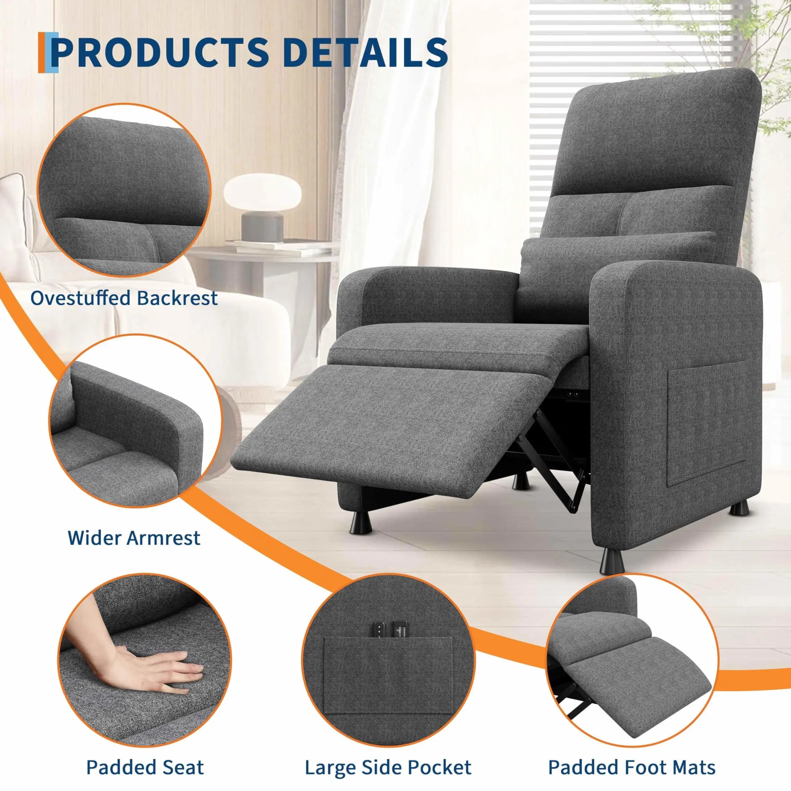 Electric Power Recliner Sofa For Living Room Adjustable Single Sofa Tall Back Padded Seat Lumbar Support Linen Gray Upholstery Side Pockets And USB Charging Port Home Theater