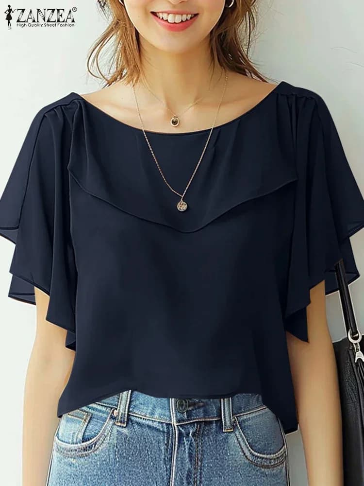 ZANZEA 2025 Estate Magliette e camicette Delle Donne di Modo Coreano Camicetta di Chiffon Elegante Manica Corta Solido Camicia Tunica Casual Allentato Volant Orlo Blusa