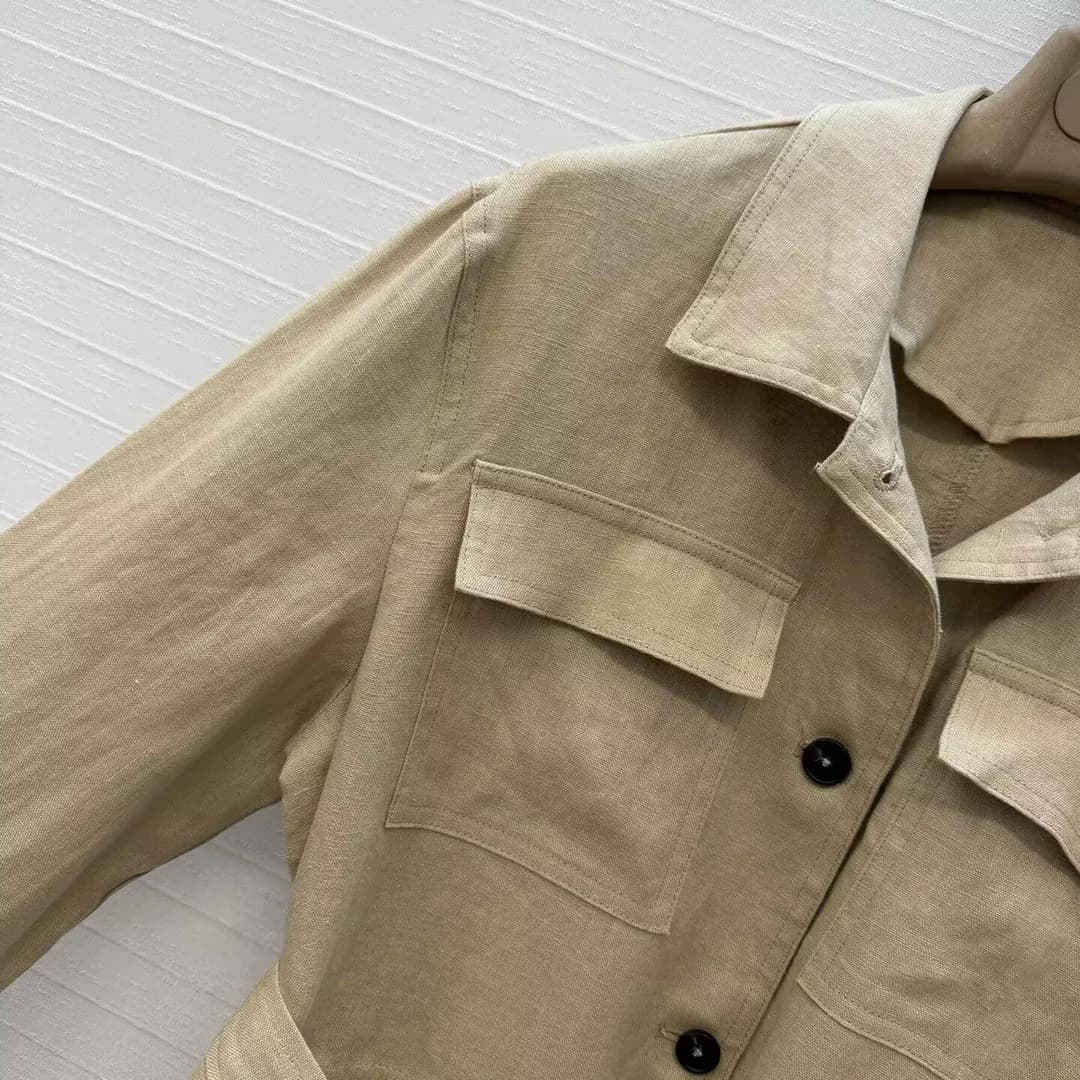 Giacca Vintage Stile Old Money 100% Lino per Donna, con Colletto, Quattro Tasche, Maniche Lunghe, Cintura con Lacci, Stile Safari, Cappotto Casual e Comodo