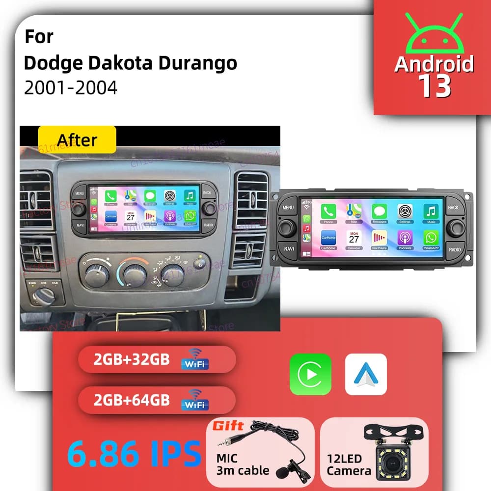 Wireless Carplay Android 13 Car Multimedia for Dodge Dakota Durango 2001-2004 6.86" Autoradio 1 Din Radio GPS Head Unit Stereo