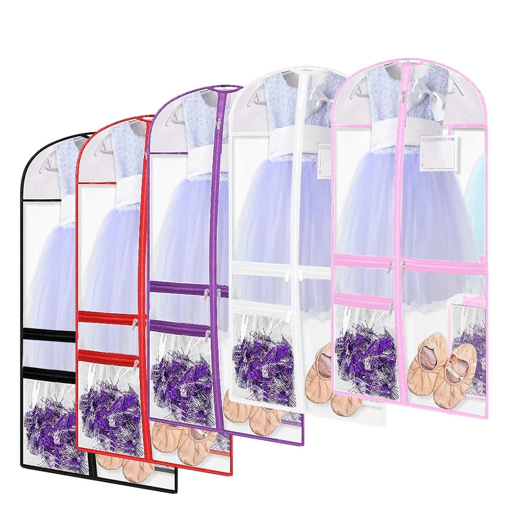 Borse per costumi da ballo in PVC trasparente Borse per indumenti appese per gare di danza con tasche trasparenti con cerniera per abiti Copertura antipolvere per abiti