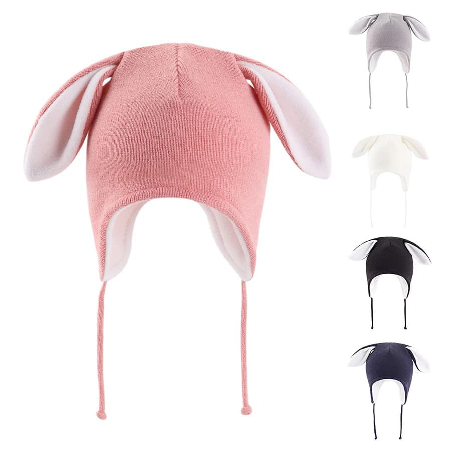 Cappello invernale da bambino con paraorecchie Berretto da bambino per bambina con orecchie da coniglio Cappello lavorato a maglia foderato in pile caldo per bambini