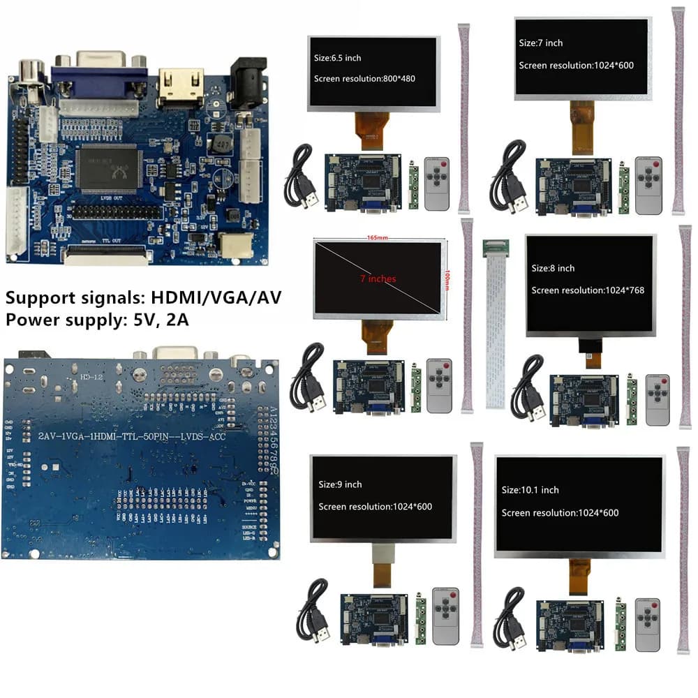 6.5/7/8/9/10.1 inch TFT LCD Display with VGA/AV/HDMI Driver Card Controller Portable DIY Monitor Kit for Raspberry Pi PC