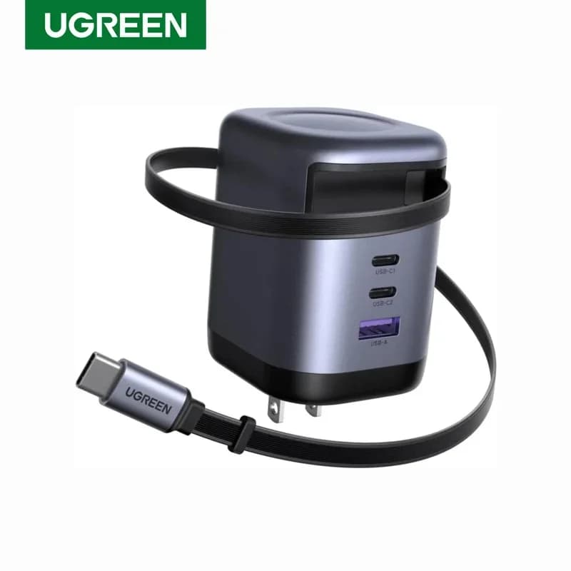 UGREEN Nexode 100W GaN USB C Retractable Charger Built in Cable 75 cm 3 Ports Fast Charging Wall Charger Adapter for Laptop