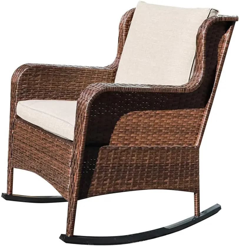 Outdoor pendant in vimini effect resin with olefin cushions, garden rocking chair for patio, brown wicker and beige cushions
