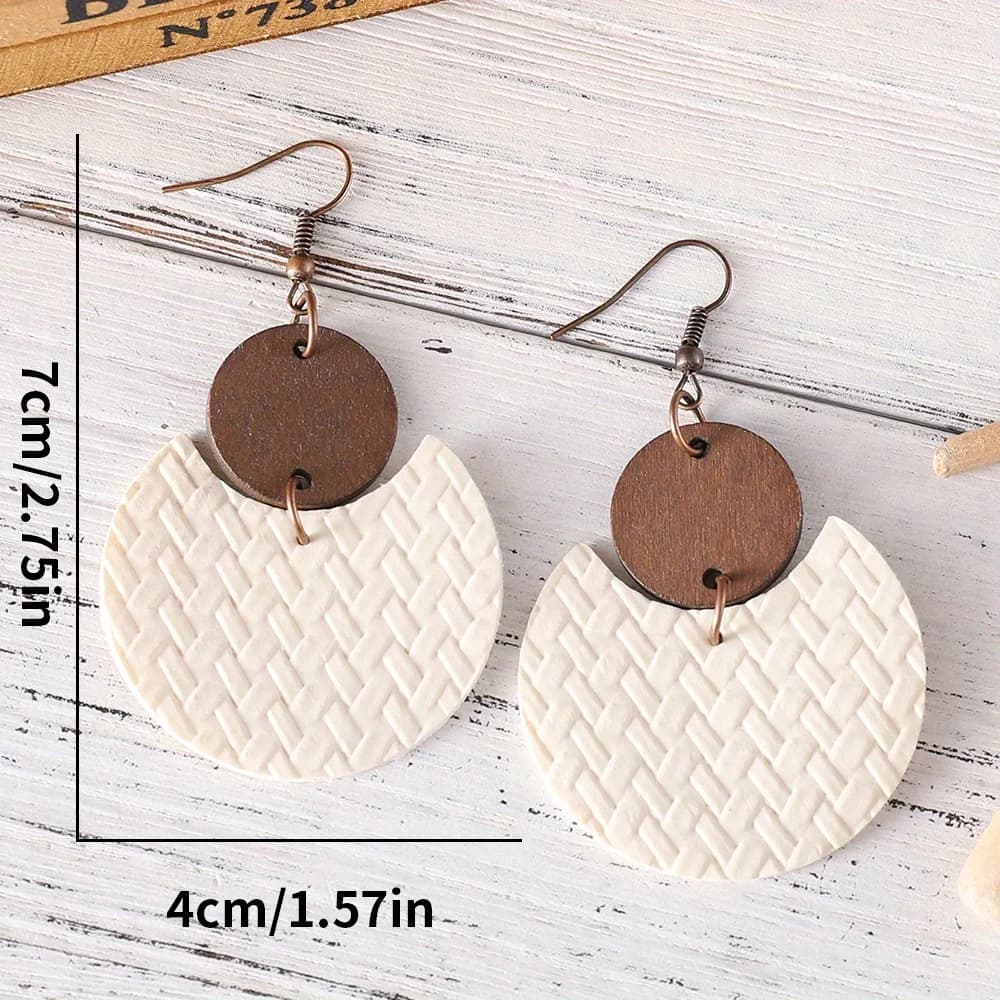 Thick crescent-shaped rattan pattern dangle earrings in vintage minimalist style, PU leather jewelry, holiday earrings