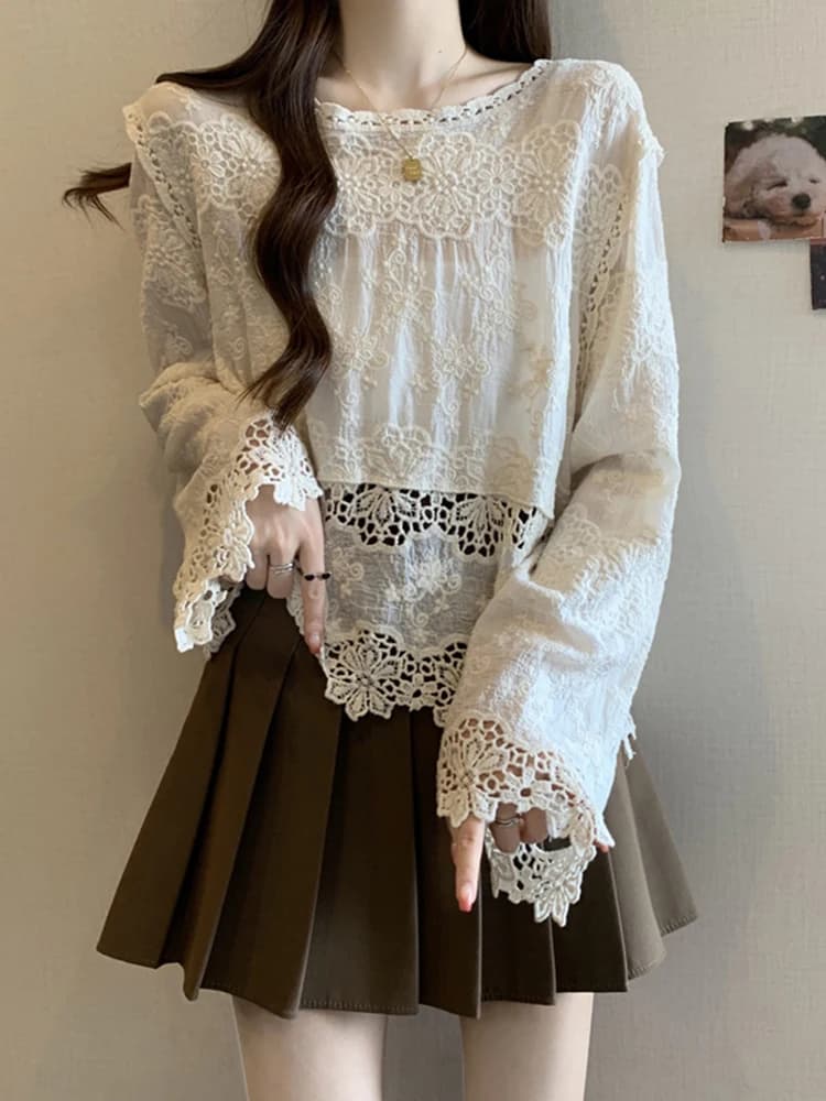 Elegant Lace Hollow out Heavy Embroidery T-Shirt Women Summer plus Size Beautiful Top Casual Loose Fit Long Sleeve round Neck