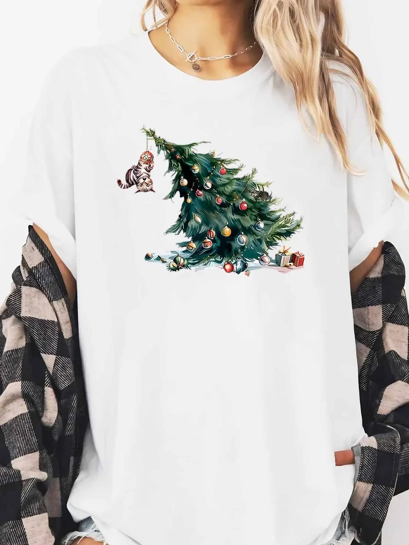 T-shirt natalizia con stampa gatto albero di Natale T-shirt da donna casual festa invernale bianca taglie forti