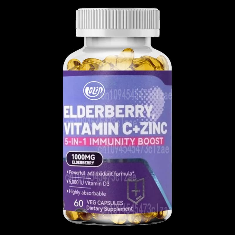 Immune support supplement 5 in 1, elder contains zinc and vitamin C, non-GMO, 60 vegetarian capsules