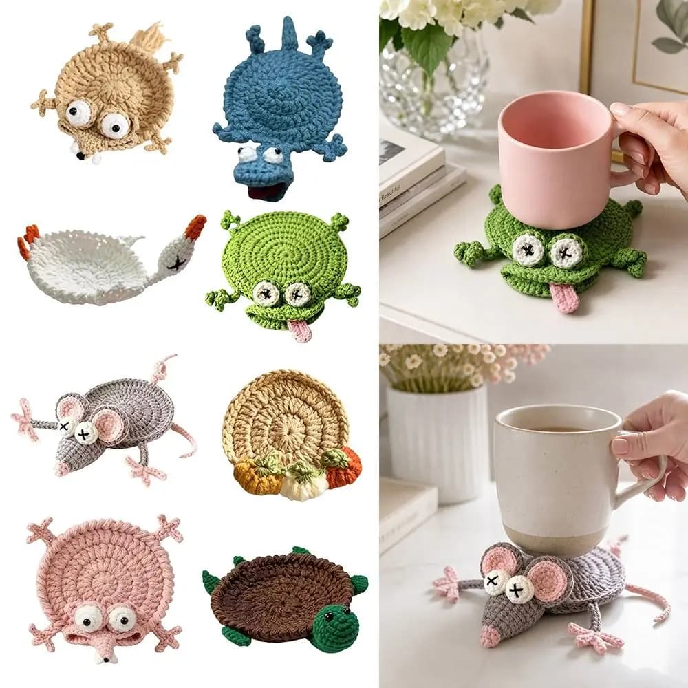 Handmade Crochet Craft Crochet Animal Coaster Non-slip Base Soft Knitted Knitted Drink Coaster Animal Shape Design