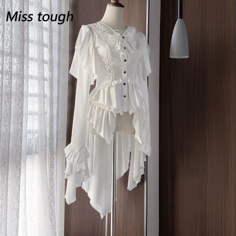 Winter Japanese Lolita Style Y2k Women Tops Gothic Court Retro Ruffled Solid Blouse Chic Slimming Design Blouse Casual Pullover
