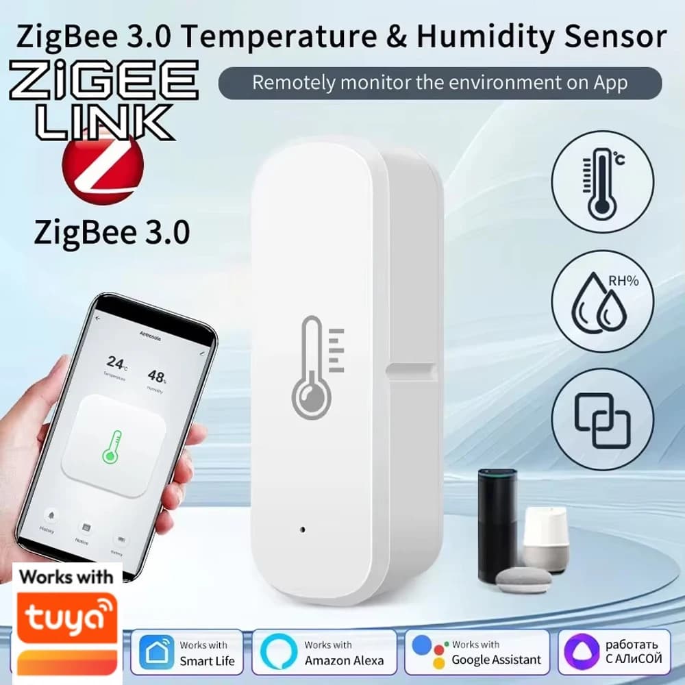 Sensore di Temperatura e Umidità Smart Zigbee 3.0, Termometro Igrometro Intelligente con Allarme Remoto in Tempo Reale tramite APP per Tuya 2MQTT Alexa Google