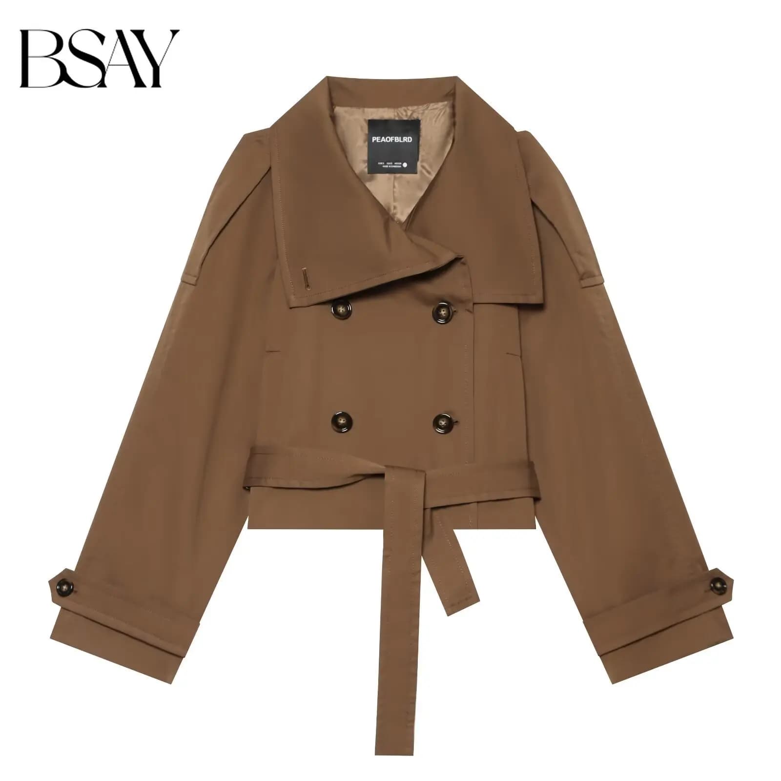 BSAY Vintage British Style Women New Cropped Trench Coat Wide Lapel Double Breasted Self Belt Windproof Long Sleeve Outer Jacket