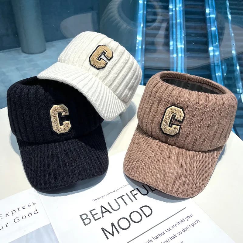 Sports Hat with letter C Winter Hats for men unisex with solid striped visor Casual knitted hat from outside Topless crochet hats with plush
