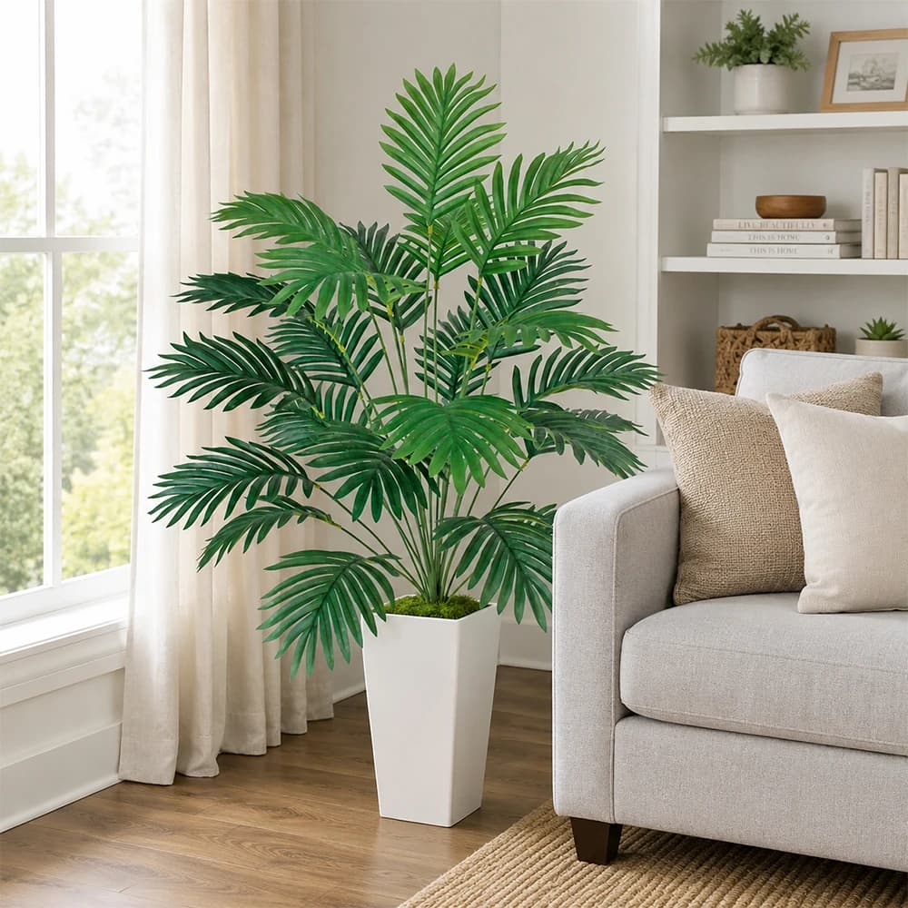 Grande Pianta Artificiale Realistica con Foglie di Palma 90cm per Decorazione Interna Casa Soggiorno Ufficio e Esterna Portico (Senza Vaso)