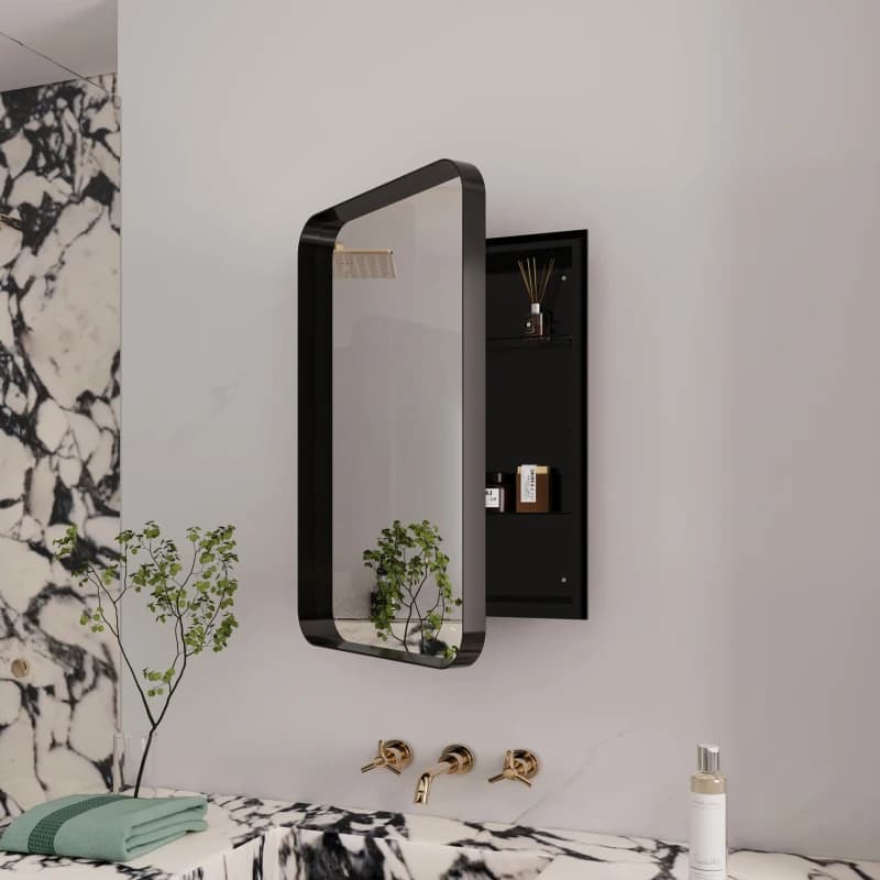 Armadietto a Specchio da Incasso 16x24 Pollici con Cornice in Metallo Nero, Specchio da Parete Nero con Ripiani Regolabili e Vano Portaoggetti